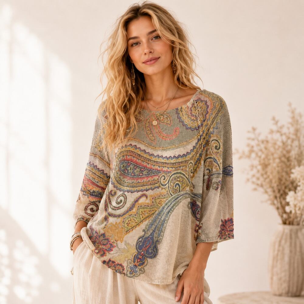 Chico's Lightweight Sweater Women’s Size 2 (L) Tan Paisley Boho-chic Casual